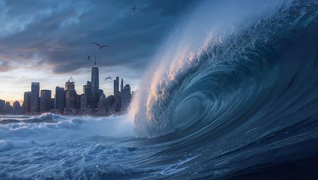 Massive ocean wave approaching futuristic cityscape at dusk