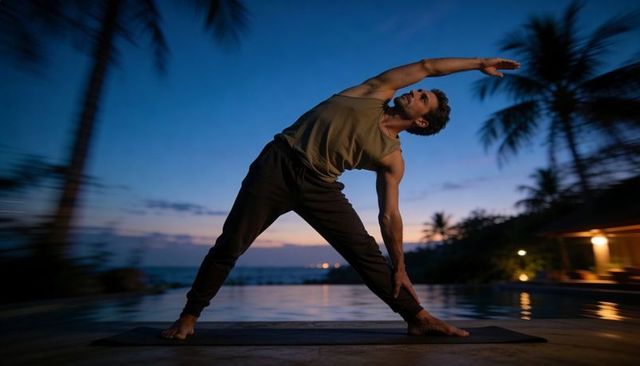 Man practicing side stretch at twilight poolside retreat with palm silhouettes and ocean view