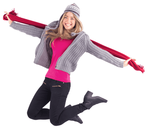 Joyful Woman in Winter Outfit with Transparency