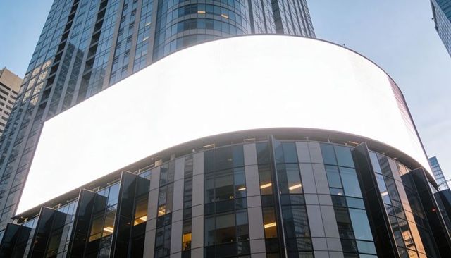 Curved led billboard wrapping glass facade of skyscraper with lit office windows