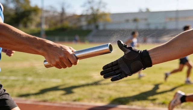 Passing metal relay baton between gloved and bare hands on sunlit track during sprint