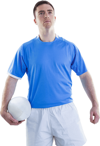 Transparent Rugby Player Holding Ball in Blue Jersey