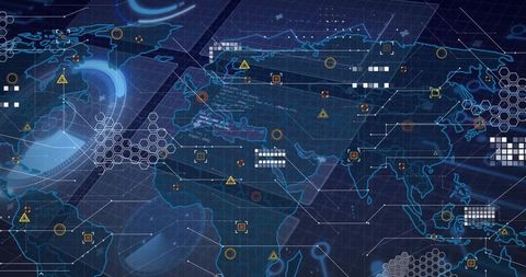 Global Cybersecurity Dashboard Displaying HUD Map with Hex Grid Network Visualization