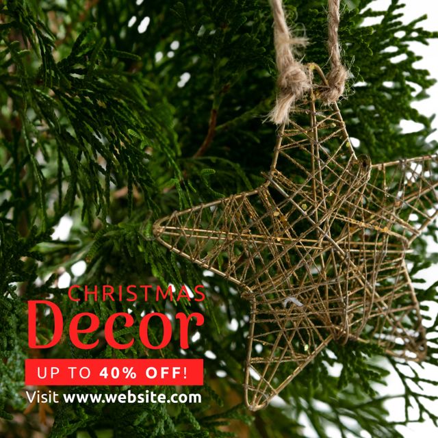Christmas star ornament hanging on tree advertises festive decor sale with up to 40% off. Ideal for promoting holiday sales, Christmas events, and seasonal deals, capturing the attention of customers looking for holiday decorations.