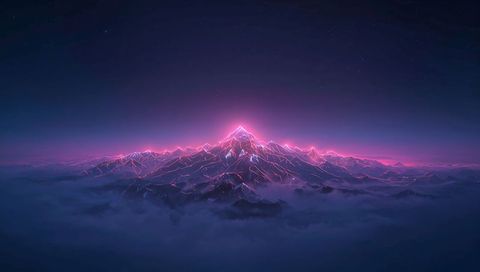 Neon Magenta Mountain Range with Glowing Peak Over Foggy Nightscape and Starry Sky