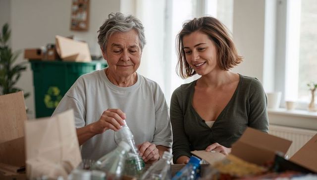 Senior woman and adult daughter sorting recycling and decluttering in sunlit home kitchen