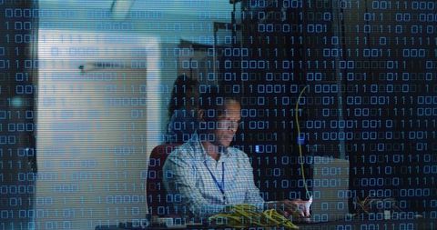 Data Analyst in Server Room with Binary Overlay for Cloud Computing - Download Free Stock Images Pikwizard.com