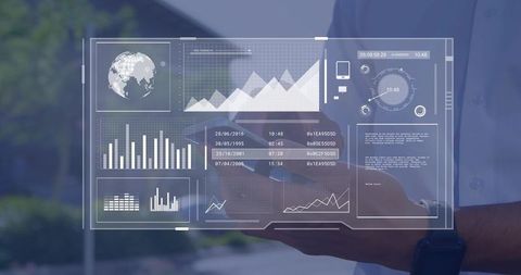 Business Analytics Holographic Dashboard Overlay with Man Holding Tablet in Urban Plaza