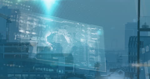 Futuristic Digital Interface Shows Data Over Cityscape