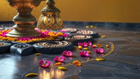 Ornate oil lamp with marigold petals on decorated stone, vishu festival