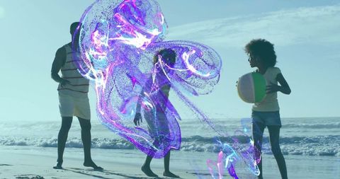 Family Bonding with Digital Art Overlay on Sunny Beach