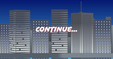 Retro video game style urban skyline backdrop with continue text