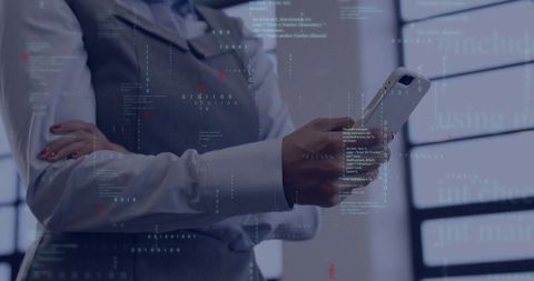 Businesswoman engaged with mobile technology in futuristic office background