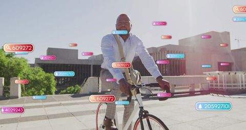 Urban commuter riding bicycle through sunlit plaza with augmented reality interface labels