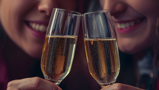 Smiling friends clinking champagne flutes during intimate sparkling toast