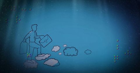 Stepping executive crossing clouds with briefcase and suitcase on blue gradient backdrop