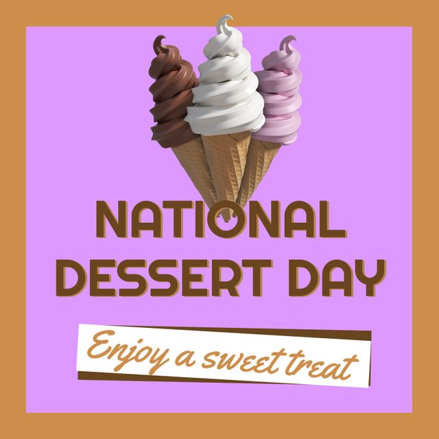 Composite of ice-cream cones and national dessert day, enjoy a sweet treat text on purple background. Copy space, frozen food, flavour, sweet food, indulgence and celebration concept.