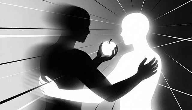 Duality embrace offering apple between light and shadow with radiant halo and streaks