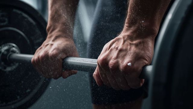 Chalked hands gripping knurled barbell showing veins and power during deadlifting