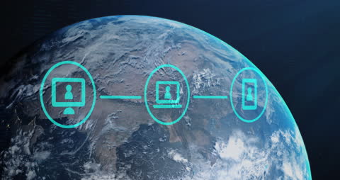 Global Digital Network Animation with Laptop and Smartphone Icons