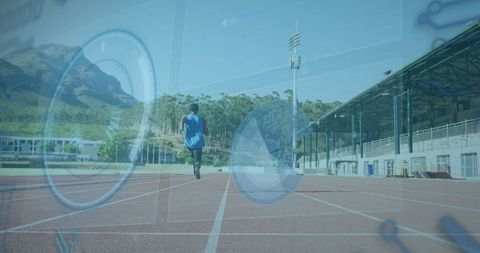 Athlete Running on Track with Digital Data Overlay