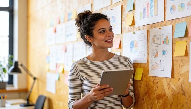 Young woman reviewing marketing charts with tablet, sticky notes, corkboard, bright office