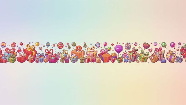 Colorful festive gift border with wrapped presents, ribbons and balloons on pastel gradient