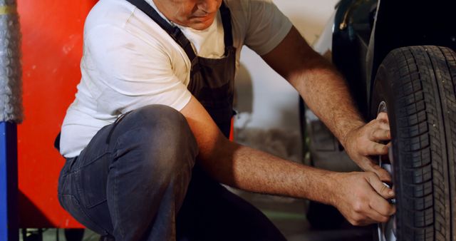 Mechanic Fixing Car Tire in Auto Service Garage - Download Free Stock Images Pikwizard.com