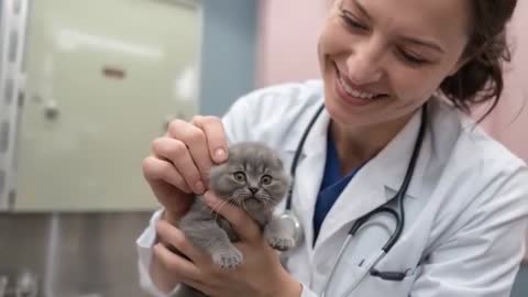 Compassionate Veterinarian Gently Examining Grey Kitten's Ear