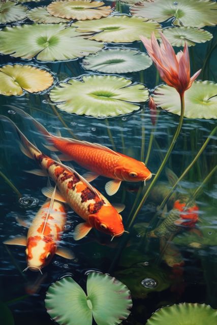 Koi fish swimming gracefully in a clear pond filled with water lilies and a blooming lotus flower. Ideal for use in nature-themed websites, garden decor promotions, relaxation and spa advertisements, or as a calming visual for mindfulness and meditation content.