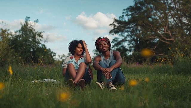 Couple relaxing and chatting in wildflower meadow at sunset with soft natural light