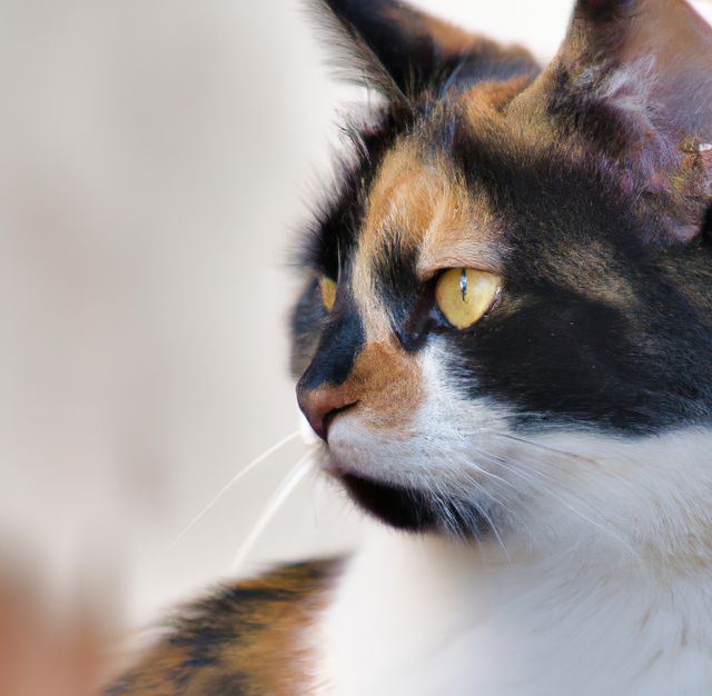Image features a close-up, side profile of a calico cat with bright yellow eyes. The cat appears alert and focused, showcasing its distinctive multicolored fur and long whiskers. Ideal for use in pet-related advertisements, websites about cat breeds, or articles on pet care.