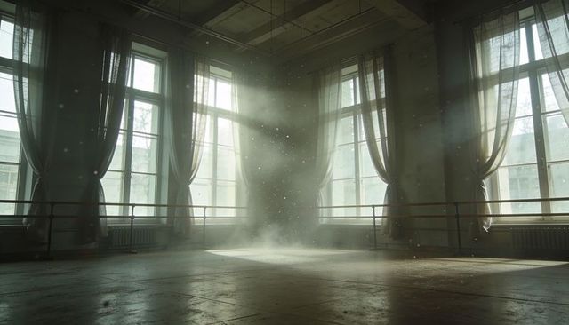 Sunlit ballet studio with dust motes, wooden floor and ballet barres