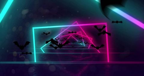Receding neon frames forming futuristic tunnel with flying bats and reflective wet floor