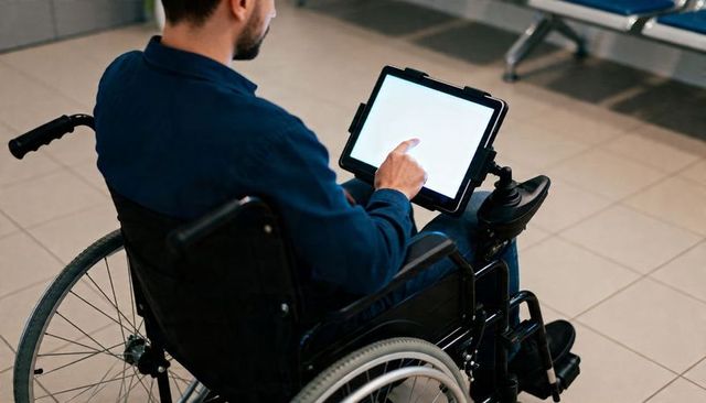 Man in wheelchair using mounted tablet in lobby for accessible digital mobility