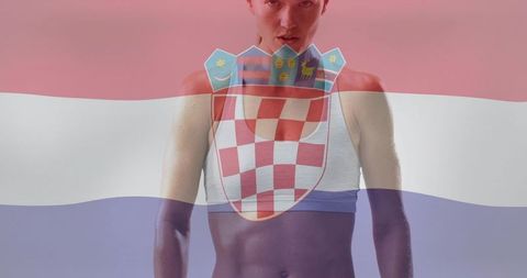 Fit woman showing croatian flag and coat of arms across torso, strong core sportswear portrait
