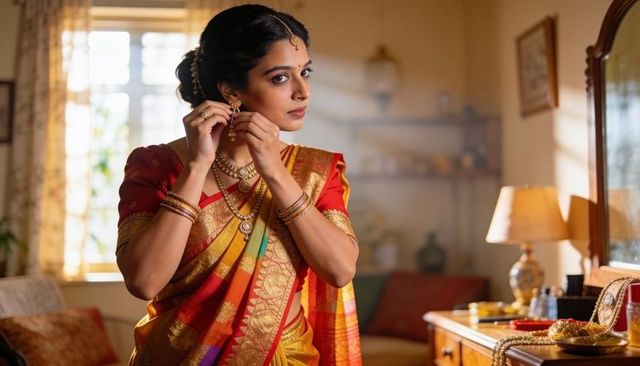 Indian bride fastening ornate gold earring in vibrant red silk sari preparing for wedding