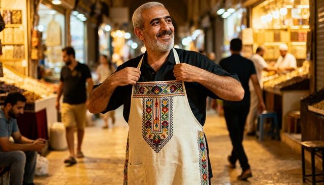 Smiling shopkeeper adjusting embroidered apron in bustling covered bazaar corridor