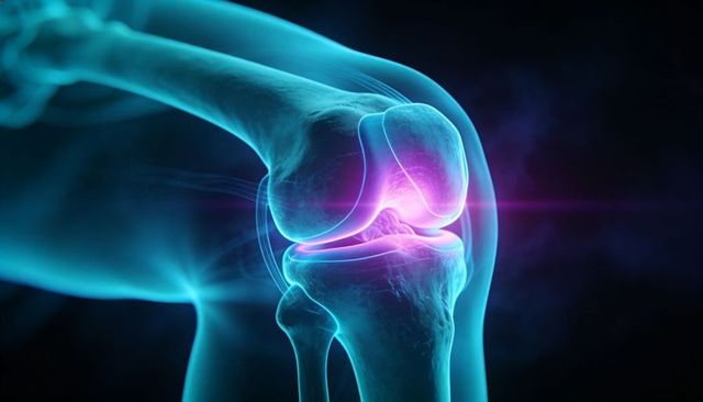 Translucent 3d knee joint highlighting inflamed cartilage with magenta glow, femur tibia