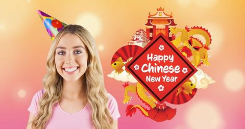 Smiling Woman Party Hat Happy Chinese New Year Celebration