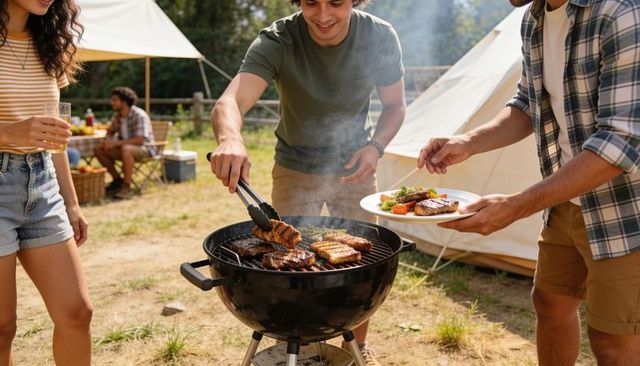 Group grilling steaks at campsite with kettle grill, summer barbecue, picnic outdoor fun