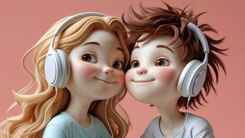 Happy siblings listening with oversized headphones