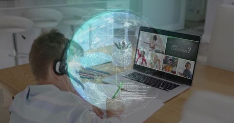 Child attending virtual class at home with holographic globe and online collaboration