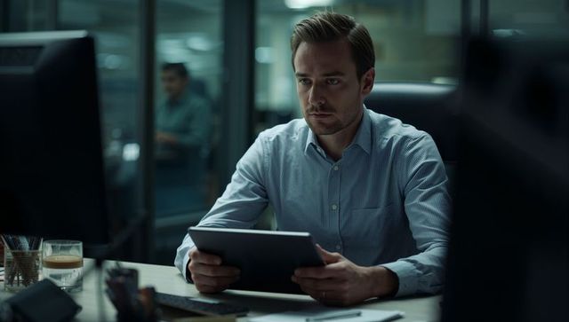 Focused professional reviewing tablet late-night at modern glass office workstation