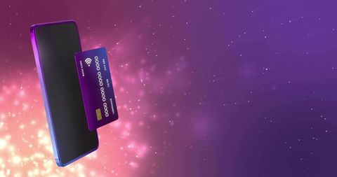 Floating smartphone with purple contactless credit card on neon gradient bokeh background