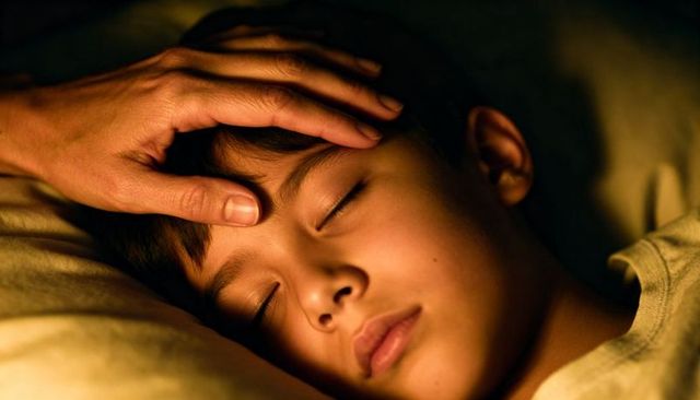 Parent comforting sleeping child with gentle hand on forehead in warm bedside light