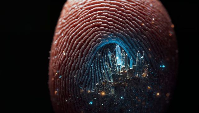 Fingertip Revealing Neon Cybercity Inside Biometric Whorl, Glowing Circuit Metropolis