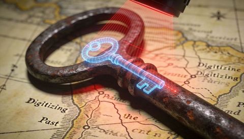Rusty skeleton key under laser scanner digitizing antique key into blue holographic wireframe