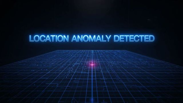 Holographic grid detecting location anomaly with neon telemetry interface