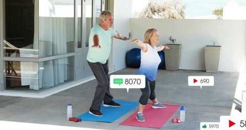 Senior couple practicing balance workout on patio with social media engagement icons